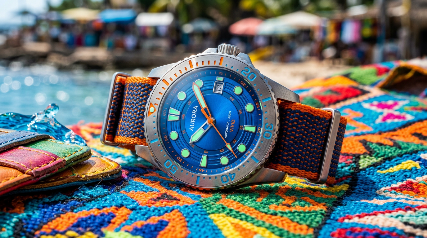 Aurora Vivid dive watch with blue dial and orange strap